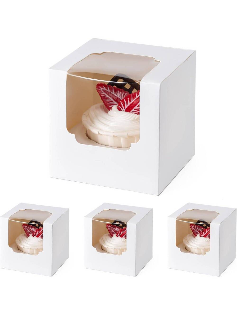 100 Pack Individual Cupcake Containers with Window and Removable Insert (White)